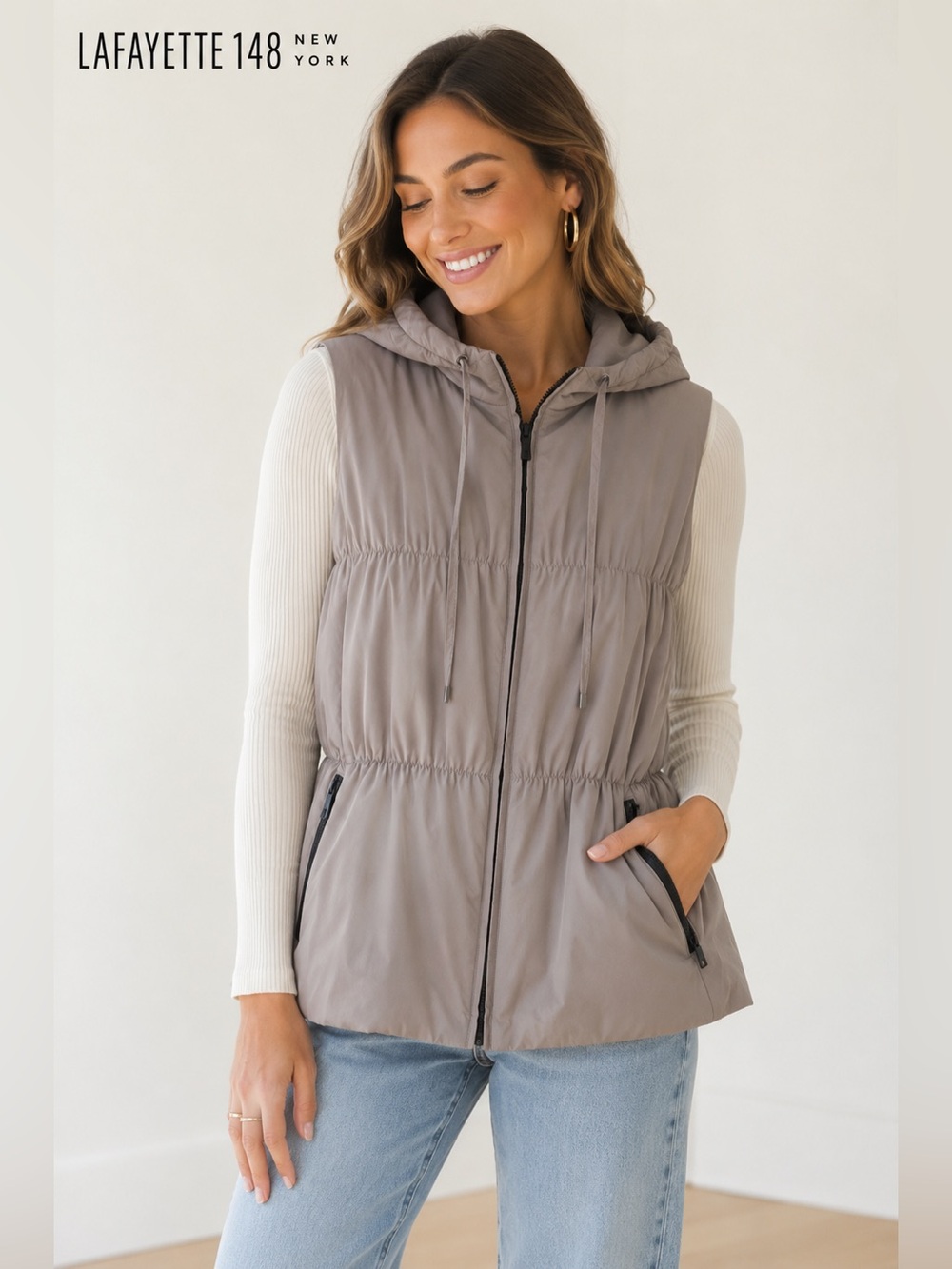 Lafayette 148 New York Taupe Hooded Puffer Vest